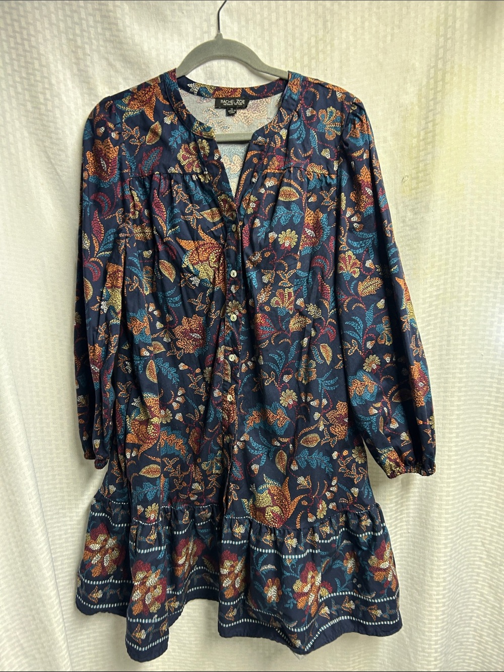 Rachel Zoe Navy Multicolor Floral Button-Up Long Sleeve Dress